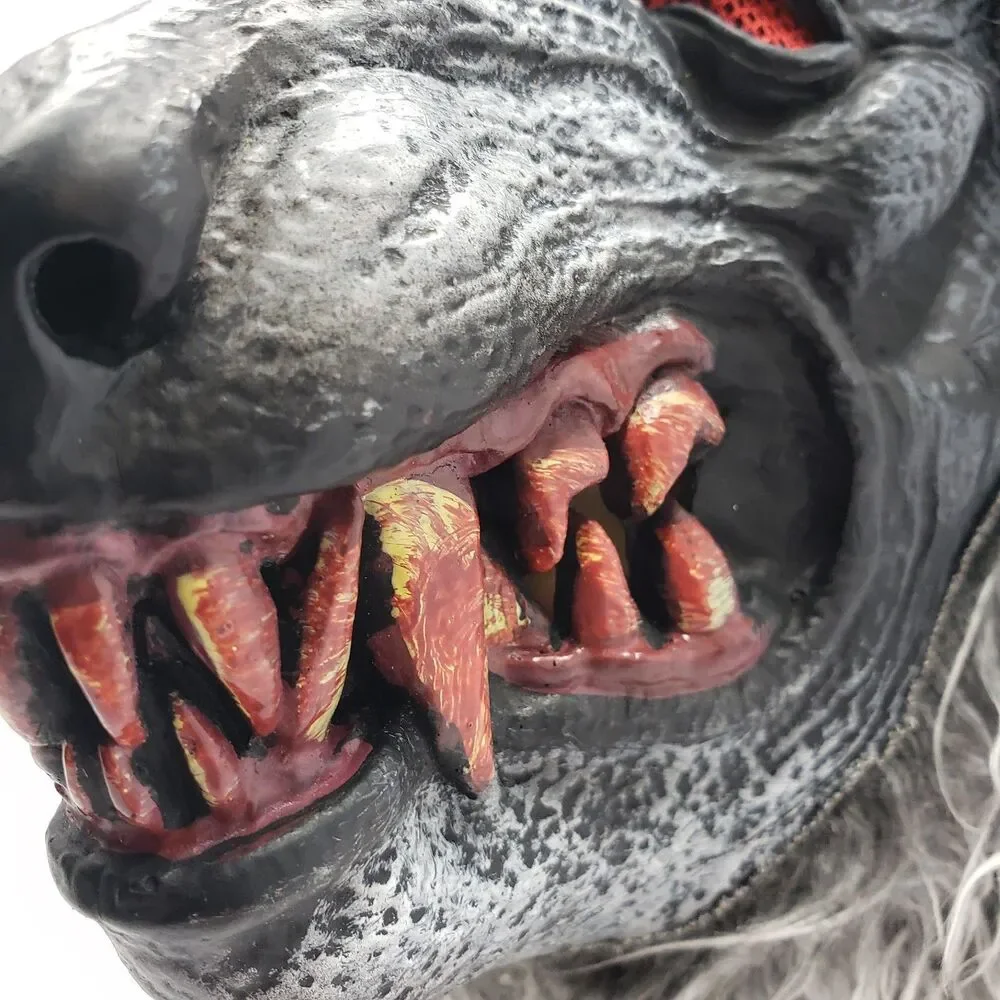 Hungry Howler Werewolf Mask Halloween Monster Full Head Faux Fur Fangs Grey OS